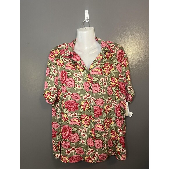 Le Studio Classic Shirt Womens Large Pink Red Green Floral Button Up Rayon USA - Picture 1 of 8